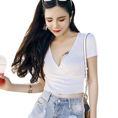 

Women Sexy Cross V-Neck Crop Top Korean Fashion Solid Slim Rib T Shirt Female Summer Casual Short Sleeve Tshirts Female Clothing
