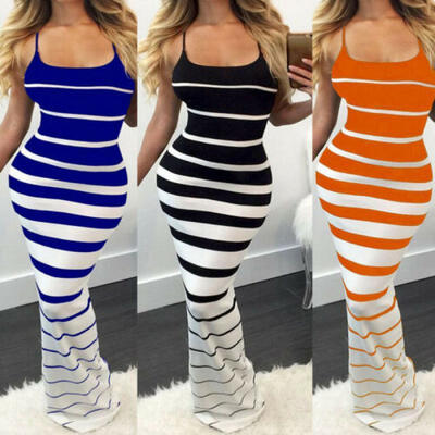 

Women Ladies Slip Striped Dress Skirt Strappy Long Boho Beach Party Maxi Dress
