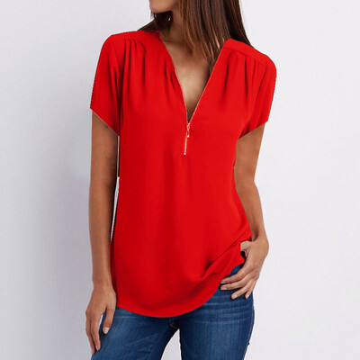 

Nomeni Womens Casual Tops Shirt Ladies V Neck Zipper Loose T-shirt Blouse Tee Top