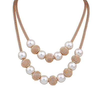 

Womens Double Layers Mesh Chain Round Faux Pearl Ball Charms Necklace Fashion Jewelry