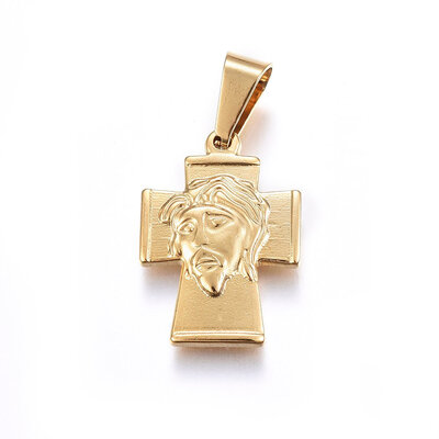 

304 Stainless Steel Pendants Large Hole Pendants Cross with Saint Golden 235x165x25mm Hole 8x5mm