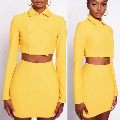 

Tailored Fashion Womens Sexy Solid Long Sleeve Button Jacket T-Shirt Mini Skirt Set