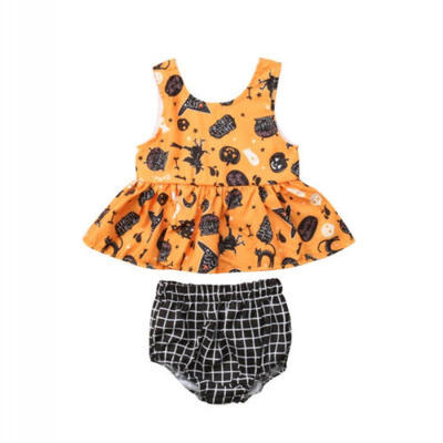 

UK Newborn Baby Girls Sleeveless Halloween Tops Dress Plaid Short Pants Outfits