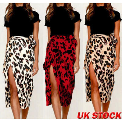 

Women Leopard Print Split Midi Skirt High Waist Summer Party Cocktail Wrap Dress