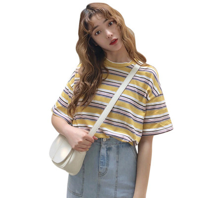 

Preppy Style Womens T shirts Rainbow Striped Short Sleeve T-shirt Cotton Tops Loose Tshirt