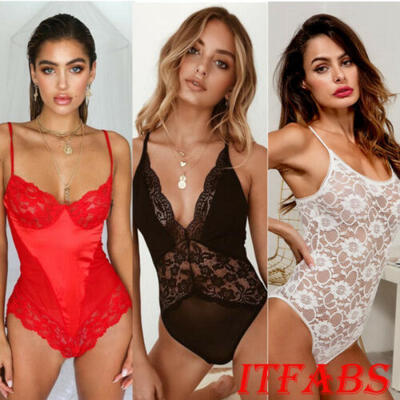 

US Ladies Strappy Plunge V Neck Full Lace Bodysuit Womens Bodycon Tops Lingerie