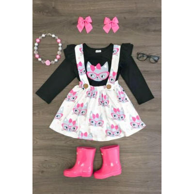 

UK STOCK Cute Kid Baby Girl T-shirt Tops Strap Skirt Dress 3PCS Outfits Clothes