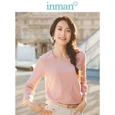 

INMAN 2019 spring new style literary hollow lace seven points trumpet sleeve round neck T-shirt female 1891023023 shrimp red