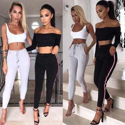 

New Womens Casual Striped Pants Elastic High Waist Cropped Length Trousers Pant