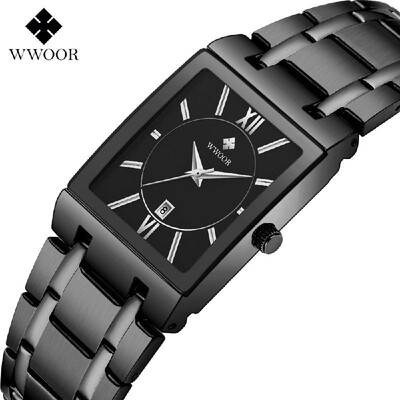 

WWOOR Men Fashion Rectangular Dial Analog Quartz Watch Business Waterproof Calendar Stainless Steel Band Wrist Watch