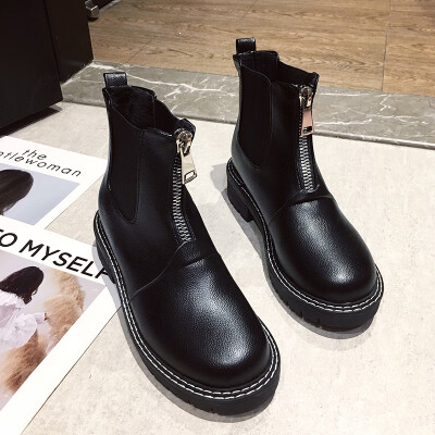 

Shoe Girl Spring&Autumn Single Boots with Breathable Thick-heeled Black Handsome Chelsea Boots