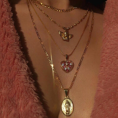 

Women Necklaces Angel Heart Pink Crystal Virgin Mary Pendant Clavicle Chain Multilayer Gold Necklace Set Engagement Jewelry Gift