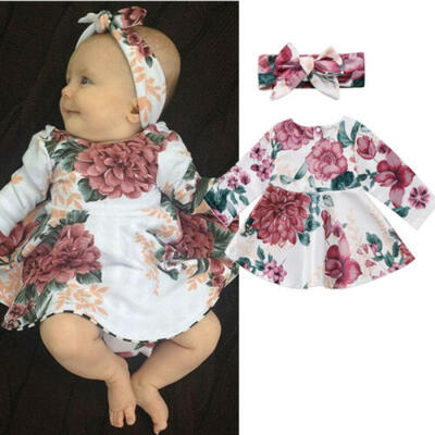 

Newborn Baby Girls Long Sleeve Floral Dress Headband 2PCS Outfits Kids Clothes