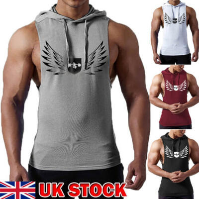 

UK Men Hoodie Vest Muscle Stringer Bodybuilding Gym Tops Tank Hooded T-Shirt Tee