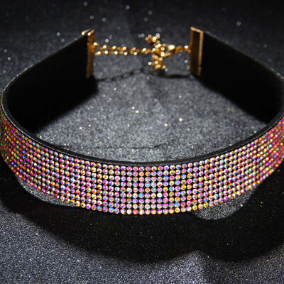 

New Design Leather Choker Necklace 2cm Wide 9 Rows of Light Full Drill Necklace for Women Jewelry