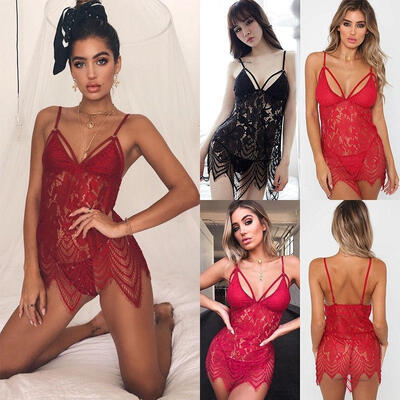 

USA 2PCS Women&39s Sexy Lingerie Lace Dress Babydoll Underwear Sleepwear G-string