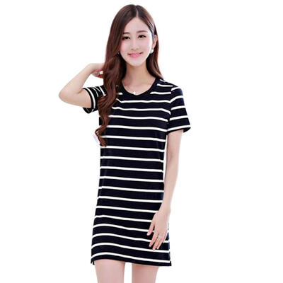 

Summer O Neck Short Sleeve Dress Women Stripe Casual Elegant Slim Dresses