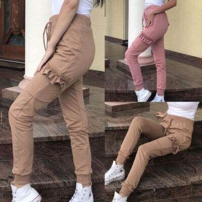

New Women High Waist Casual Drawstring Elastic Long Pants Slim Fit Solid Color Trousers