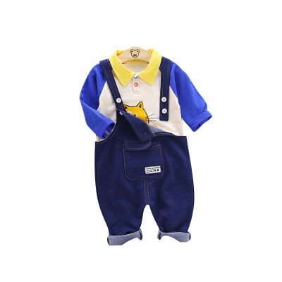 

0-4T Spring Autumn Casual Baby Long Sleeve Cartoon Printing Top And Suspender Jeans Kids Two-piece Outfit Set