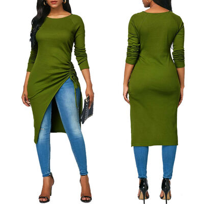 

Women Long Sleeve Casual High Split Tunic Tops Long Maxi Shirt Blouse Tops