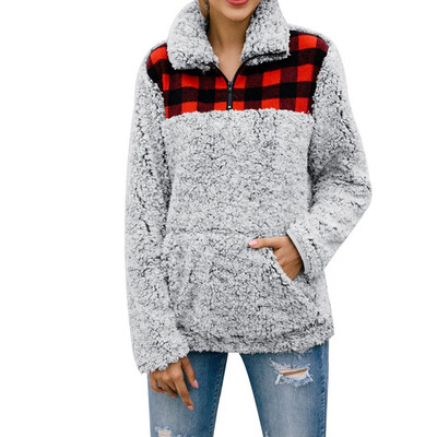 

Available New Women Fashion Winter Warm Long Sleeve Coat Thick Lambswool Plaid Stitching Jacket Outwear Hoodie