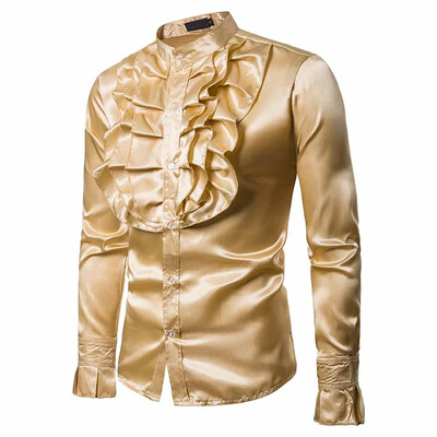 

Men Silky Satin Dress Shirt Top Ruffle Collar Fancy Stage Costume Sexy Tops