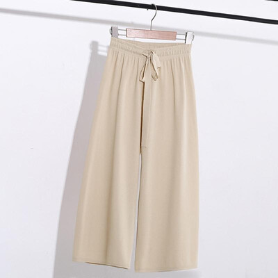 

Women Cropped Pants Ribbed Solid Color Drawstring Elastic High Waist Straight Wide Legs Casual Holiday Wear