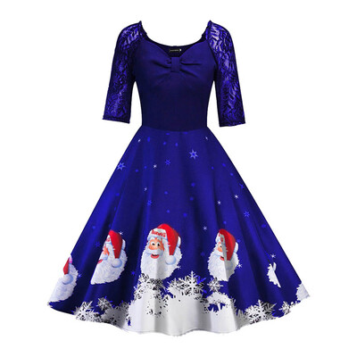 Fashion Casual Christmas Santa Print Lace Stitching Dress Half Sleeve V-Neck Big Swing Party Dress