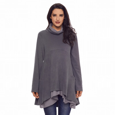 

High-neck long-sleeved stitching hem with loose casual sports sweatshirt