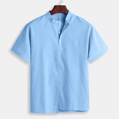 

Toponeto Mens Baggy Cotton Linen Solid Stand Collar Short Sleeve T Shirts Tops Blouses