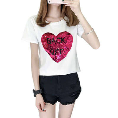 

Summer Letters Sequins Love Printed Women T shirt Casual Tee Top Round Collar Female T Shirt Short-Sleeved Woman Tops