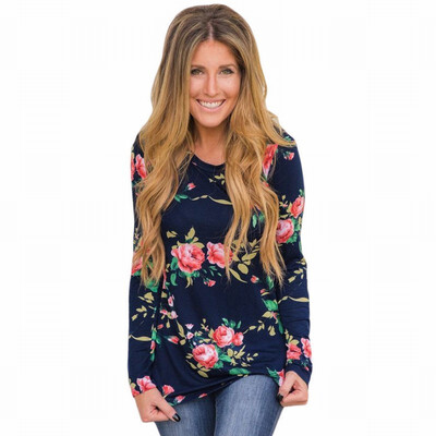 

Round neck long sleeve floral print vintage bohemian straight top