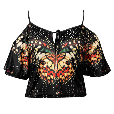 

Women T-Shirt Butterfly Printed Strap Off Shoulder Pagoda Sleeve Casual Tops