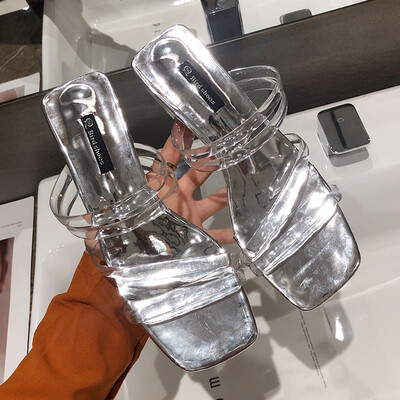 

Summer Crystal Coarse-heeled Open-toed Sandals Simple Transparent Ribbon Low-heeled Slippers Womens Shoes Tide