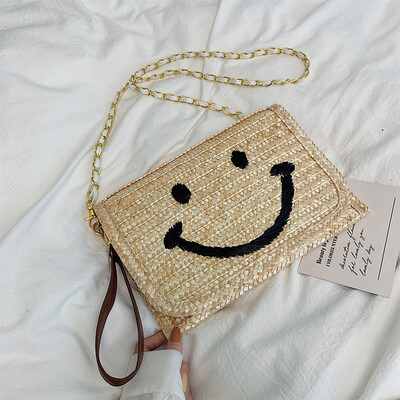 

New womens bag Korean fashion chain smiley straw bag retro braided ladies shoulder Messenger bag