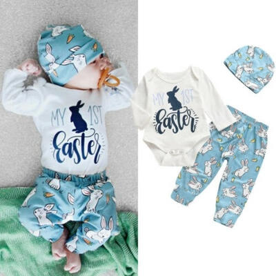 

Newborn Baby Boys Cute Bunny Easter Romper Bodysuit Pants Hat Outfit Clothes Set