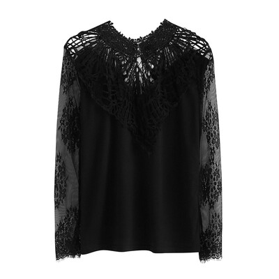 

Tailored Women Lace Stitching Hollow Long Sleeve O- neck Bottoming Shirt Blouse