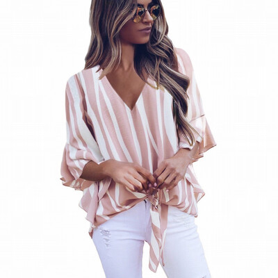 

Contrast vertical striped shirt Womens V-neck long-sleeved knotted top