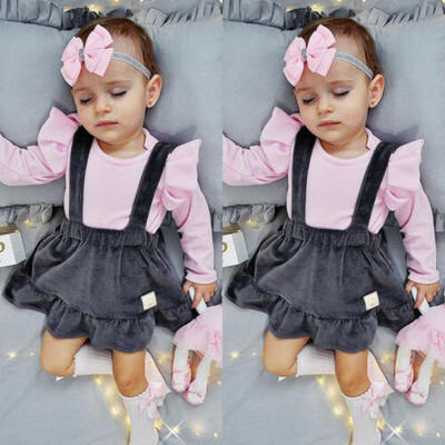 

US 2Pcs Kids Baby Girl Tops T-shirtVelvet Suspender Skirt Dress Outfits Clothes