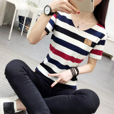 

Plus Size -2XL WJ Summer T Shirt Women Striped New Arrivals Fashion Printed T-shirt Woman Tee Tops Casual Female T-shirts F6