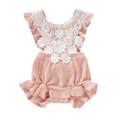 

Baby Newborn Girls Lace Floral Design Backless Jumpsuit Flare Sleeve Romper for Infant