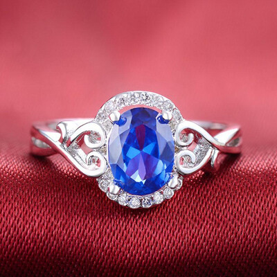 

Women Jewelry Silver Rings Blue Zircon Diamond Antique Gemstone Ring Wedding Band