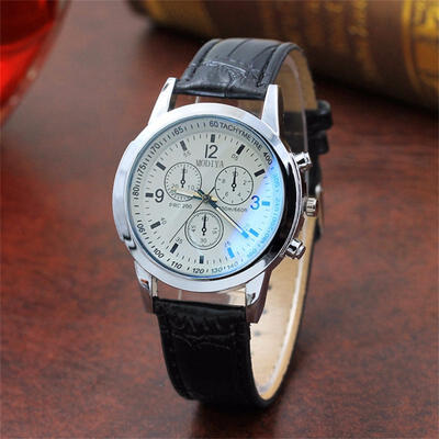 

Casual Mens Wrist Watch With Grain Leather Strap Fashionable Two-tone Watch With Sub-dials