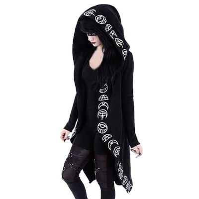 

Toponeto Women Long Sleeve Punk Moon Print Hooded Black Cardigan Jacket Coat Plus Size