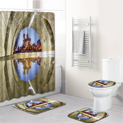 

Gobestart Waterproof Bathroom Shower Curtain Set Non-Slip Rug Toilet Lid Cover Bath Mat