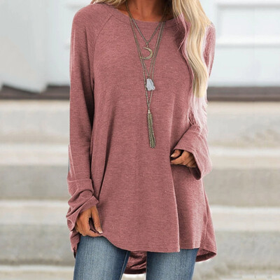 

Women Fashion O-neck Solid Color Long Sleeve Tops Casual Loose Autumn Long T Shirt