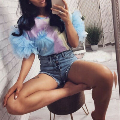 Women Summer Tulle Ruffle Short Sleeve T Shirt Ladies Loose Casual Blouse Top