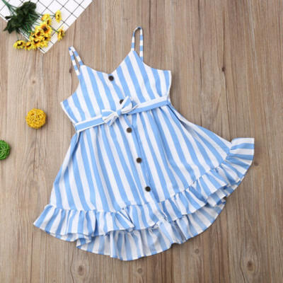 

US Summer Kids Baby Girl Dress Sleeveless Stripe Button Dress Casual Clothes Set