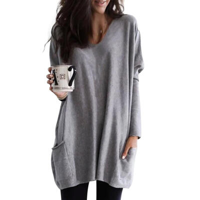 

Autumn Women Long T-shirt V-neck Loose Solid Color Long Sleeve Pocket Tops