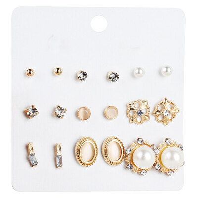 

9 pairs Best Set Vogue Women Crystal Elegant Flower Simple Gems Pearl Metal Ball